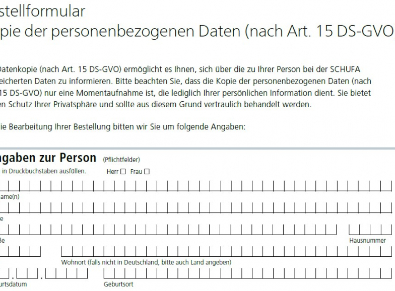 Schufa Auskunft Essen kostenlos - Formular